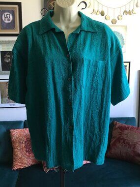 TOOFAN size M Oversized Textured Cotton Gauze Button Front Shirt Jade Green NWT